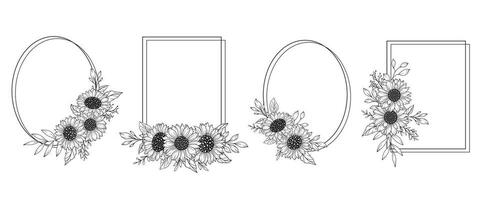 zonnebloem kaders lijn kunst, prima lijn zonnebloem kaders hand- getrokken illustratie. kleur bladzijde met zonnebloemen. vector