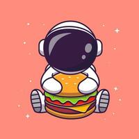 schattig astronaut aan het eten hamburger tekenfilm vector icoon illustratie. wetenschap voedsel icoon concept geïsoleerd premie vector. vlak tekenfilm stijl