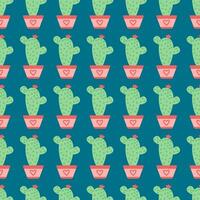 naadloos patroon met roze en groen ingemaakt cactus Aan blauw achtergrond vector illustratie