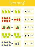 toevoeging, aftrekken, en tellen voor vroeg kind ontwikkeling. perfect voor scholen en kleuterscholen. groenten en fruit wiskundig lijsten. bij elkaar passen de correct antwoorden, leren wiskunde met interesse. vector