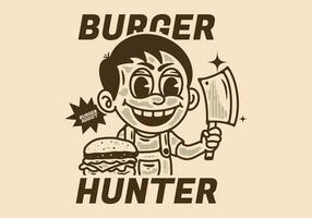 hamburger jager, illustratie van een jongen Holding slager mes met hamburger in voorkant van hem vector