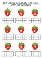 werkblad voor kinderen. kleur de blokken hieronder volgens naar de aantal Aan de aardbeien. vector