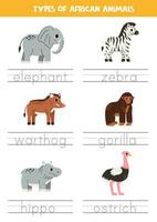 traceren namen van Afrikaanse dier soorten. schrijven oefening. vector