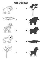 vind de correct schaduwen van zwart en wit Afrikaanse dieren. logisch puzzel voor kinderen. vector