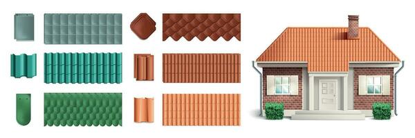 realistisch huisje tegel dak icoon reeks vector