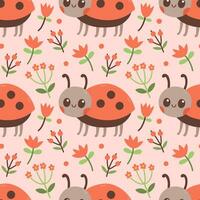 naadloos patroon van lieveheersbeestje, rood bloemen en groen blad Aan roze achtergrond vector illustratie. schattig hand- getrokken bloemen patroon. vector illustratie