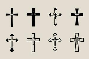 decoratief kruisbeeld religie Katholiek symbool, christen kruisen. orthodox geloof kerk kruis pictogrammen ontwerp, geïsoleerd vlak set. vector illustratie.