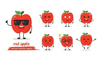 schattig rood appel tekenfilm met veel uitdrukkingen. fruit verschillend werkzaamheid houding vector illustratie vlak ontwerp reeks met zonnebril.