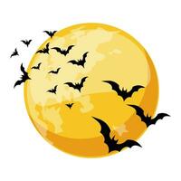 tekenfilm oranje nacht maan en vleermuizen. halloween poster, groet kaart, ansichtkaart. vector illustratie in tekenfilm stijl