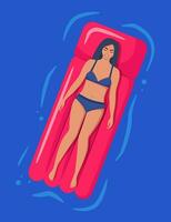 vrouw aan het liegen Aan opblaasbaar matras tegen water achtergrond, top visie. vector illustratie.