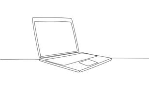 een doorlopend lijn tekening van computer laptop, en een kop van koffie. vector illustratie