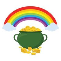 vlakke afbeelding pot met gouden munten met regenboog vector