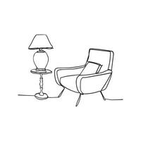 doorlopend lijn interieur met fauteuil, verdieping lamp. een lijn tekening van leven kamer met modern meubilair. vector illustratie