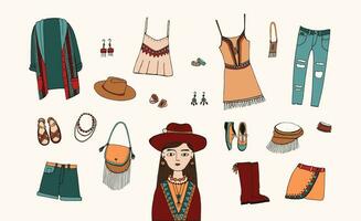 Boheems mode stijl set. boho en zigeuner kleren, accessoires verzameling. kleurrijk hand- getrokken illustratie. vector