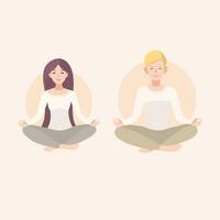 jong vrouw en Mens paar mediteren met gekruiste poten. ontspanning, geïsoleerd mensen illustratie. vector