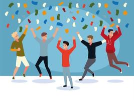 gelukkige groep mensen springen vieren confetti feestelijk vector