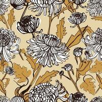 Japans chrysant hand- getrokken naadloos patroon met knoppen, bloemen, bladeren. wijnoogst stijl illustratie. vector