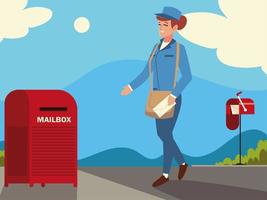 postbezorger vrouw met envelop en brievenbus op straat vector
