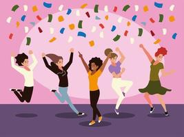 vrolijke groep vrouwelijke springen die confetti feestelijk viert vector