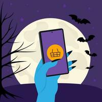 gelukkig halloween. halloween concept met vleermuizen, maan. zombie hand- houdt telefoon, telefoontje en winkel vector illustratie ontwerp sjabloon voor banier of poster.