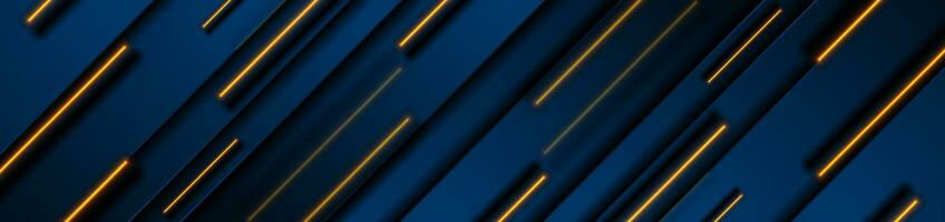 donker blauw meetkundig banier met oranje laser lijnen vector