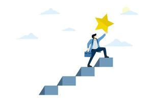 hoop concept voor succes in bedrijf, bereiken of bereiken bedrijf doelen, beloningen en motivatie, zelfverzekerd slim zakenman klimt de ladder naar de top voor een waardevol ster prijs. vector