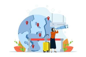 immigratie concept. Dames Actie Buitenland. toeristen met bagage Bij de luchthaven. concept van Internationale migratie, emigratie, reizen in de omgeving van de wereld. vector illustratie voor web ontwerp. illustratie.