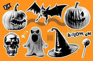 reeks van halloween retro halftone papier stickers voor 90s stijl collages. offset stippel pompoen, knuppel, hoed, schedel en zombie oog gescheurd uit elementen. verzameling van modieus vector in collage stijl.