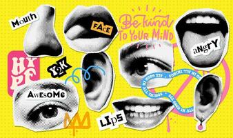 90s punk- stijl collage elementen van gezicht onderdelen set. ogen, neus, lippen en oor in halftone behandeling. retro tijdschrift knipsels. offset stippel wijnoogst vector illustratie.