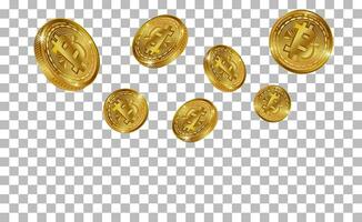 bitcoin cryptogeld symbolen. regen van 3d gouden munten, digitaal geld plons. vallend of vliegend geld, digitaal valuta betaling, mijnbouw, financiën concept. vector