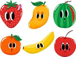 tekenfilm fruit karakters, schattig stijl, fruit verzameling, kinderen tekenfilm fruit, vector voedsel illustratie