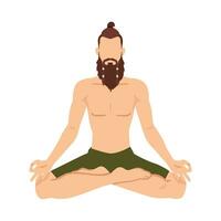 een Mens zit in een lotus positie, doet yoga, geïsoleerd Aan een wit achtergrond. hipster mediteert vector