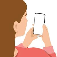 vrouw Holding smartphone, terug visie. meisje nemen foto, selfie. foto meisje Aan telefoon. telefoon, internet gebruiker. vector