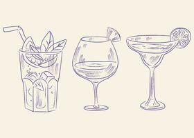 drie bril met mojito martini cocktail vector wijnoogst illustratie
