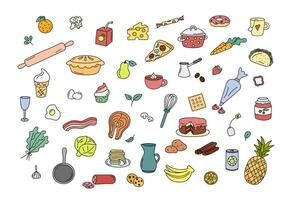 Koken krabbels, keuken elementen vector set. schattig kleurrijk tekening illustraties verzameling van gebruiksvoorwerpen, keukengerei, voedsel, maaltijd ingrediënten. schets fruit, groenten, bakkerij, kookgerei