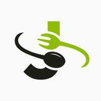brief j restaurant logo gecombineerd met vork en lepel icoon vector