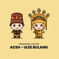illustratie van schattig paar chibi kawaii tekens vervelend ulee balang traditioneel kleren van atjeh, Indonesië vector