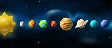 3d geven zonne- systeem. realistisch zon, aarde, kwik, Venus, Mars, Jupiter, Saturnus, Uranus, Neptunus. vector illustratie over in de buurt buitenste ruimte. astronomie wetenschap in plastic stijl. kosmos kaart