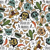 dia de los Muertos naadloos vector patroon. Mexicaans vakantie symbolen - suiker schedel, cactus, sombrero, burrito, Chili, nacho's met saus. traditioneel carnaval voor de dag van de dood. tekenfilm achtergrond