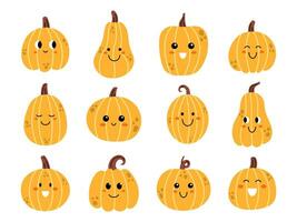 vector schattig halloween of dankzegging pompoen set. verzameling van kawaii gelukkig halloween pompoenen met blozen. pompoen met schattig gezichten. grappig glimlachen pompoenen reeks voor halloween of dankzegging.