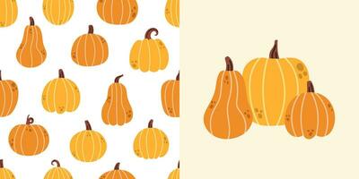 vector herfst naadloos patroon en illustratie met pompoenen. verzameling van achtergrond en illustratie met oranje en geel pompoenen. vallen naadloos patroon. dankzegging set.