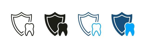 tandheelkundig verzekering pictogram. tanden bescherming, mondeling hygiëne. medisch zorg silhouet en lijn icoon set. tand verdediging, tandheelkundig behandeling zwart en kleur symbool verzameling. geïsoleerd vector illustratie.