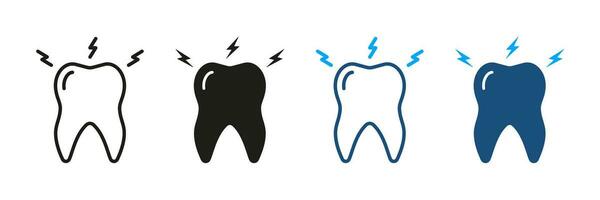 kiespijn silhouet en lijn icoon set. tandheelkundig behandeling teken. tanden pijn, mondeling probleem pictogram. tand gevoeligheid, pijn, pijnlijk symbool verzameling. geïsoleerd vector illustratie.