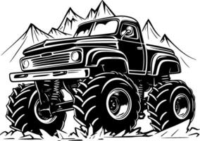 monster vrachtwagen, zwart en wit vector illustratie