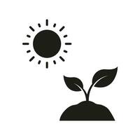 milieu landbouw silhouet icoon. fabriek en zon glyph pictogram. biologisch blad symbool. eco vriendelijk tuinieren, boom groei onder zon solide teken. geïsoleerd vector illustratie.