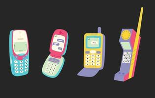 reeks met retro mobiel telefoon apparaten. mobiel telefoons met toetsen. schattig en elegant van jaren 90. hand- getrokken vector illustratie. wijnoogst elektronica. omdraaien telefoon