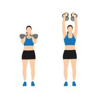 vrouw aan het doen twee arm kettlebell leger druk op oefening. vlak vector illustratie geïsoleerd Aan wit achtergrond. training karakter reeks