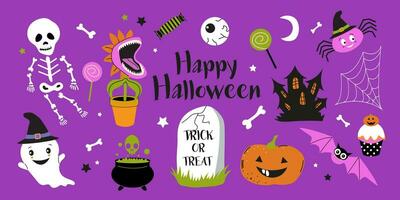 reeks van halloween elementen-spook, kasteel, skelet, pompoen, spin, taart, enz. perfect voor scrapbooken, groet kaart, partij uitnodiging, poster, label, sticker. vector