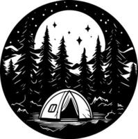 camping - zwart en wit geïsoleerd icoon - vector illustratie