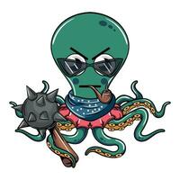 tekenfilm cyborg Octopus karakter met bril roken een pijp met een oorlog foelie. illustratie voor fantasie, wetenschap fictie en avontuur comics vector